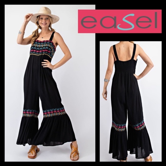 easel Pants & Jumpsuits Easel Flowy Wide Leg Embroidered Smocked Jumpsuit Romper Ruffled Hem